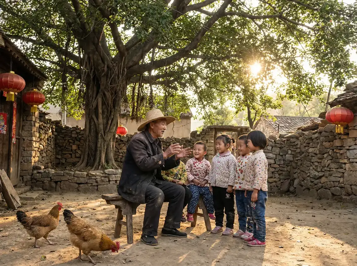 老人在大榕树下给孩子们讲故事 - 怎么把自己弄到喷泉 乡村记忆